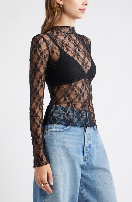 Open Edit Floral Stretch Lace Top In Black