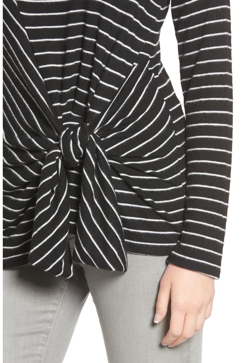 Gibson x Living in Yellow Lou Tie Front Fleece Sweater (Nordstrom Exclusive), Alternate, color, BLACK/ IVORY