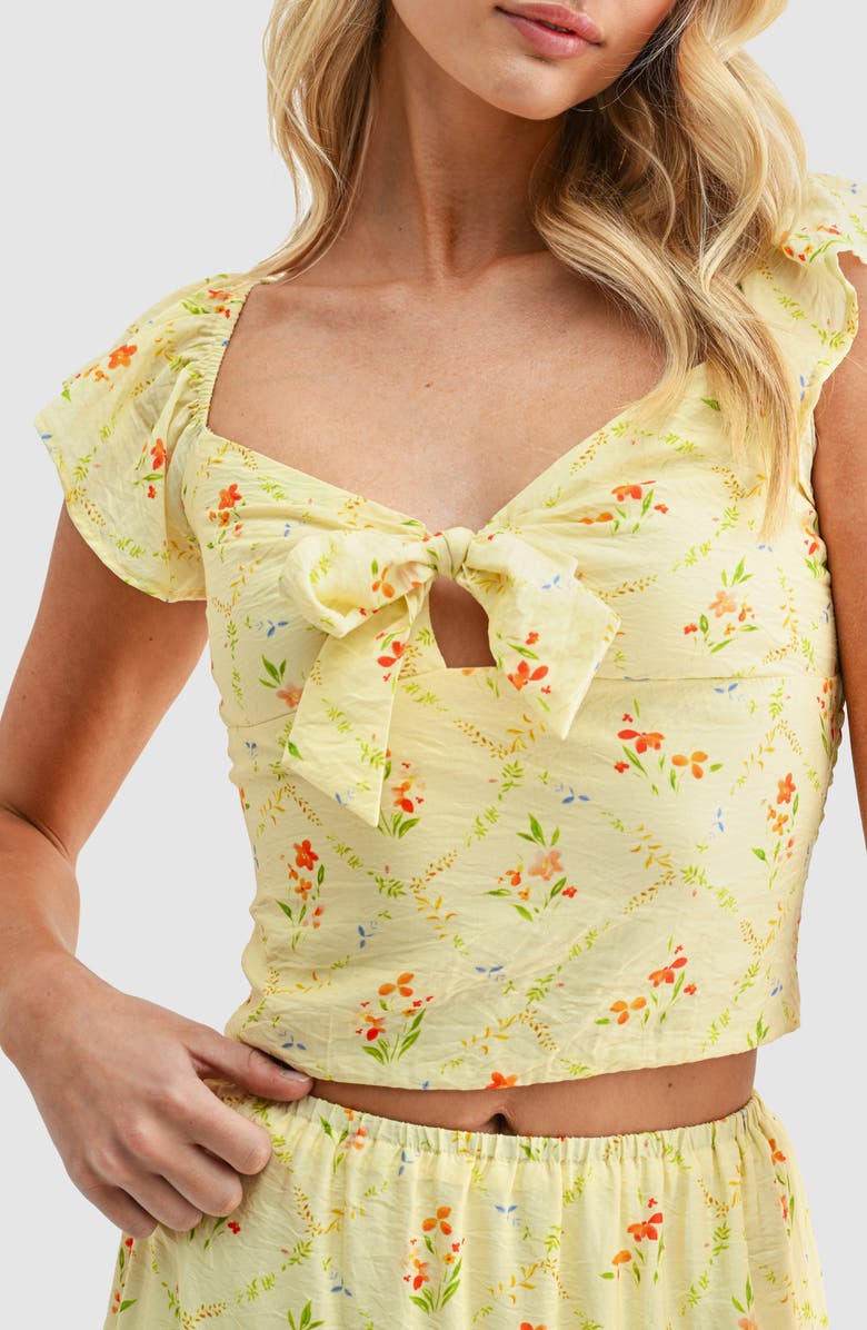 Lush Flutter Sleeve Tie Front Crop Top, Alternate, color, Yellow Multi