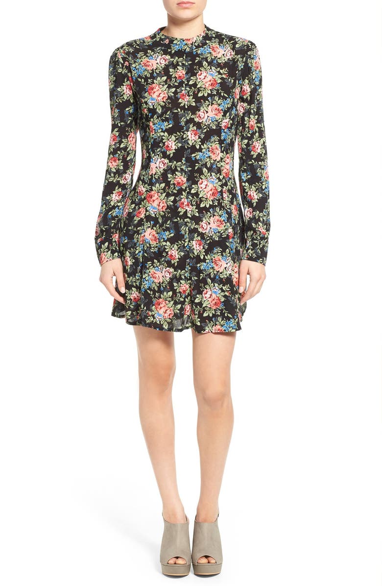 Mimi Chica Floral Print Mock Neck Fit & Flare Dress, Main, color, 
