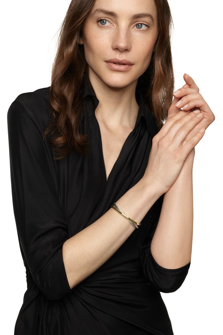 Crossover Two-Row Cuff Bracelet in Sterling Silver with 14K Yellow Gold, 11mm, Alternate, color, STERLING SILVER/ 14K GOLD - L
