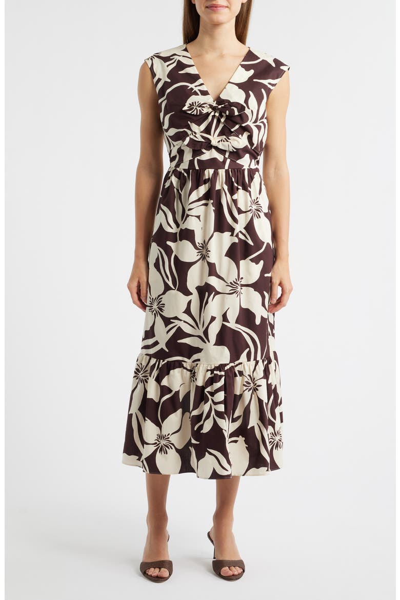 Print Bow Detail Sleeveless Midi Dress, Main, color, JAVA CHIP/IVORY SHEL