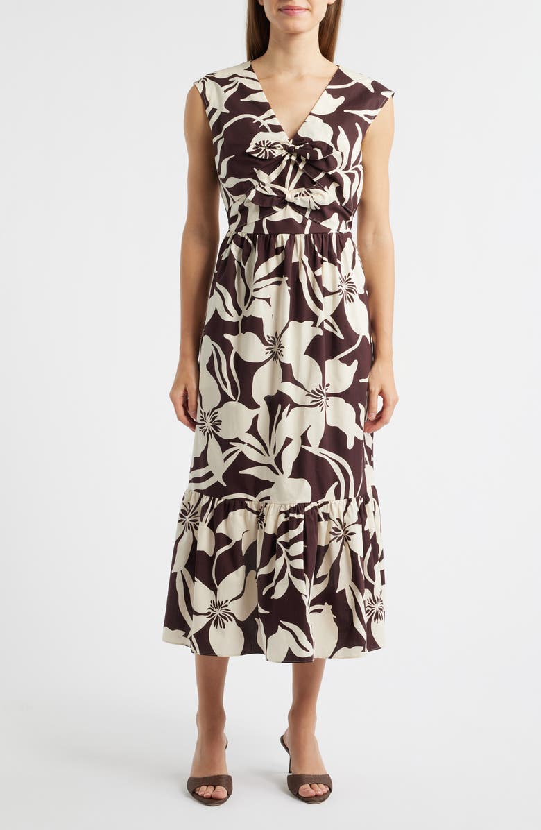Anne Klein Print Bow Detail Sleeveless Midi Dress, Main, color, Java Chip/ Ivory Shell