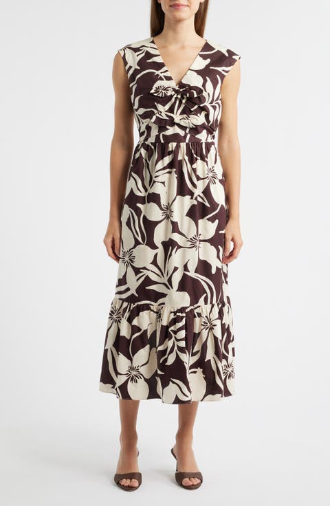 Print Bow Detail Sleeveless Midi Dress