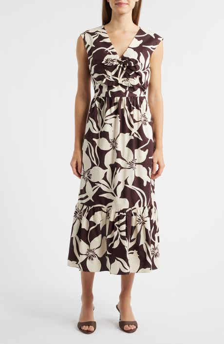 AK ANNE KLEIN Print Bow Detail Sleeveless Midi Dress