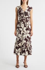 AK ANNE KLEIN Print Bow Detail Sleeveless Midi Dress