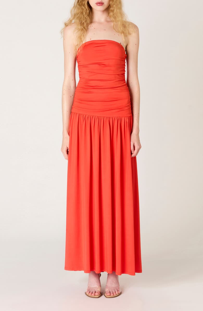 Nia Santal Strapless Jersey Midi Dress, Main, color, Coral