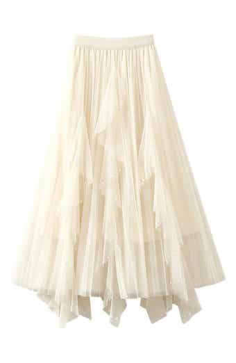 Faux Pearl Mesh Midi Skirt