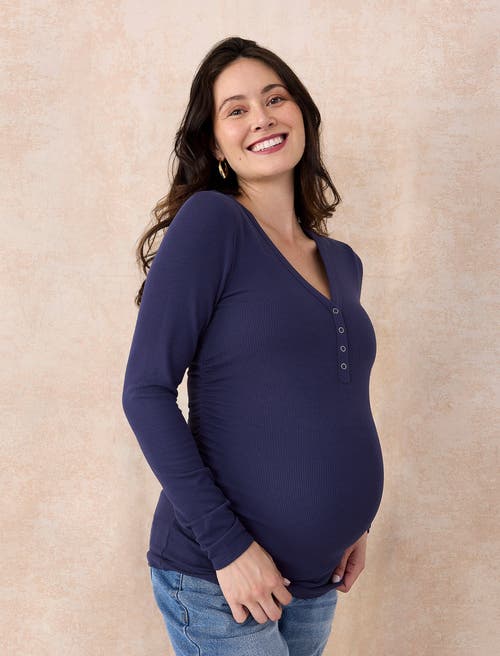 Motherhood Maternity V-neck Side-ruched Long Sleeve Henley Tee In Blue