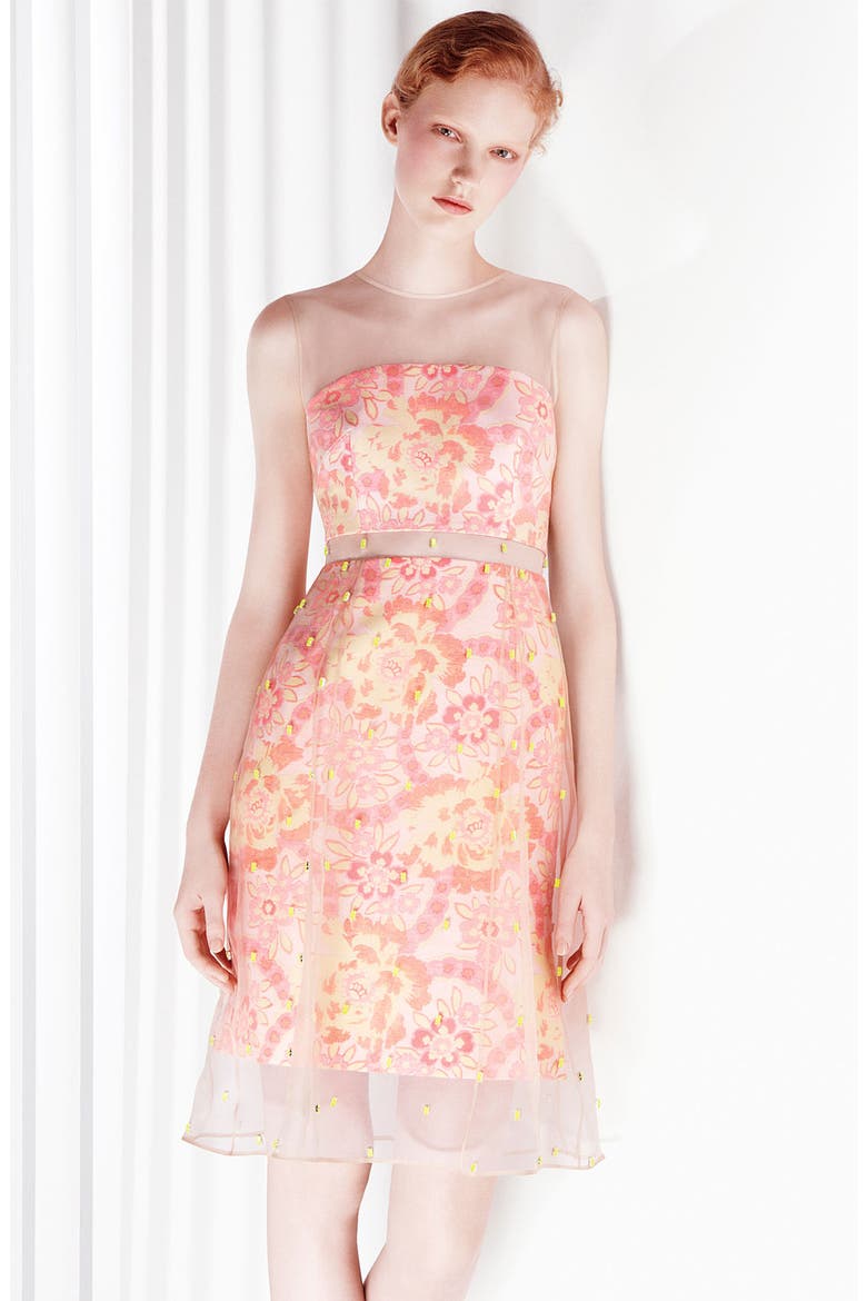 Damask Jacquard & Beaded Organza Dress, Alternate, color, NEON PEACH/ PINK
