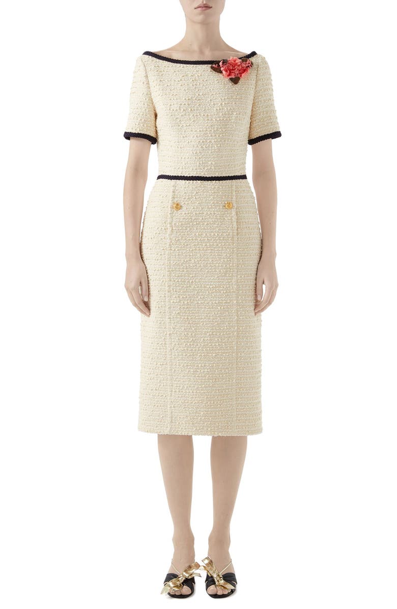 Gucci Floral Appliqué Bouclé Tweed Midi Sheath Dress, Main, color, 