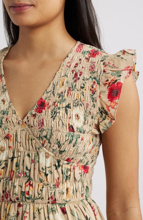 Zoe And Claire Floral Print Smocked Tiered Cotton Maxi Dress In Light Khaki Multi