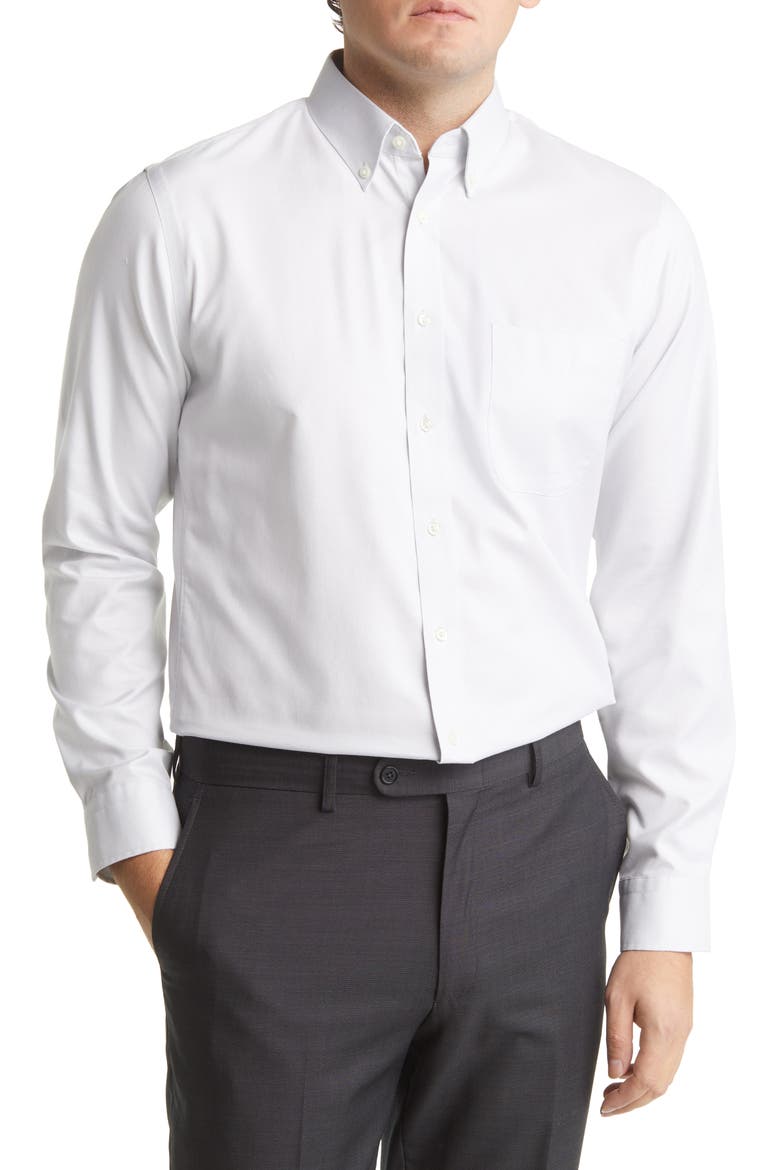 Trim Fit Non-Iron Royal Oxford Solid Button-Down Dress Shirt, Main, color, GREY SILK- WHITE OXFORD
