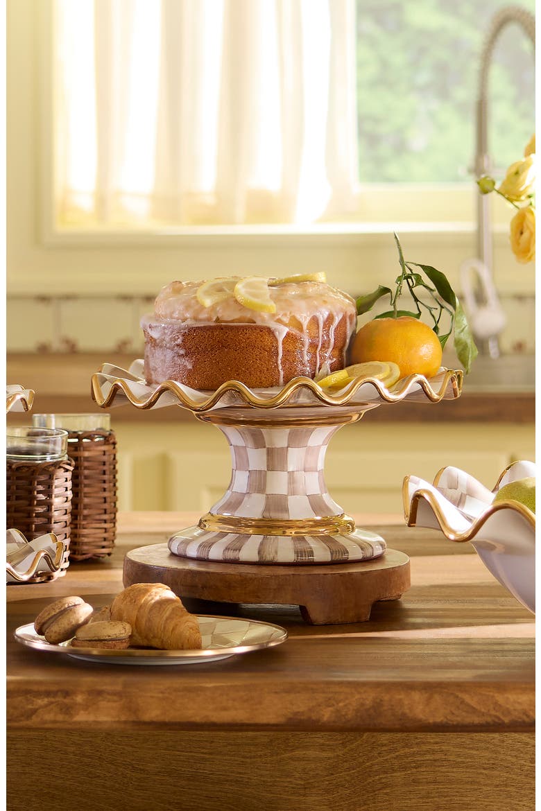 Mocha Check Ceramic Fluted Cake Stand, Alternate, color, MOCHA