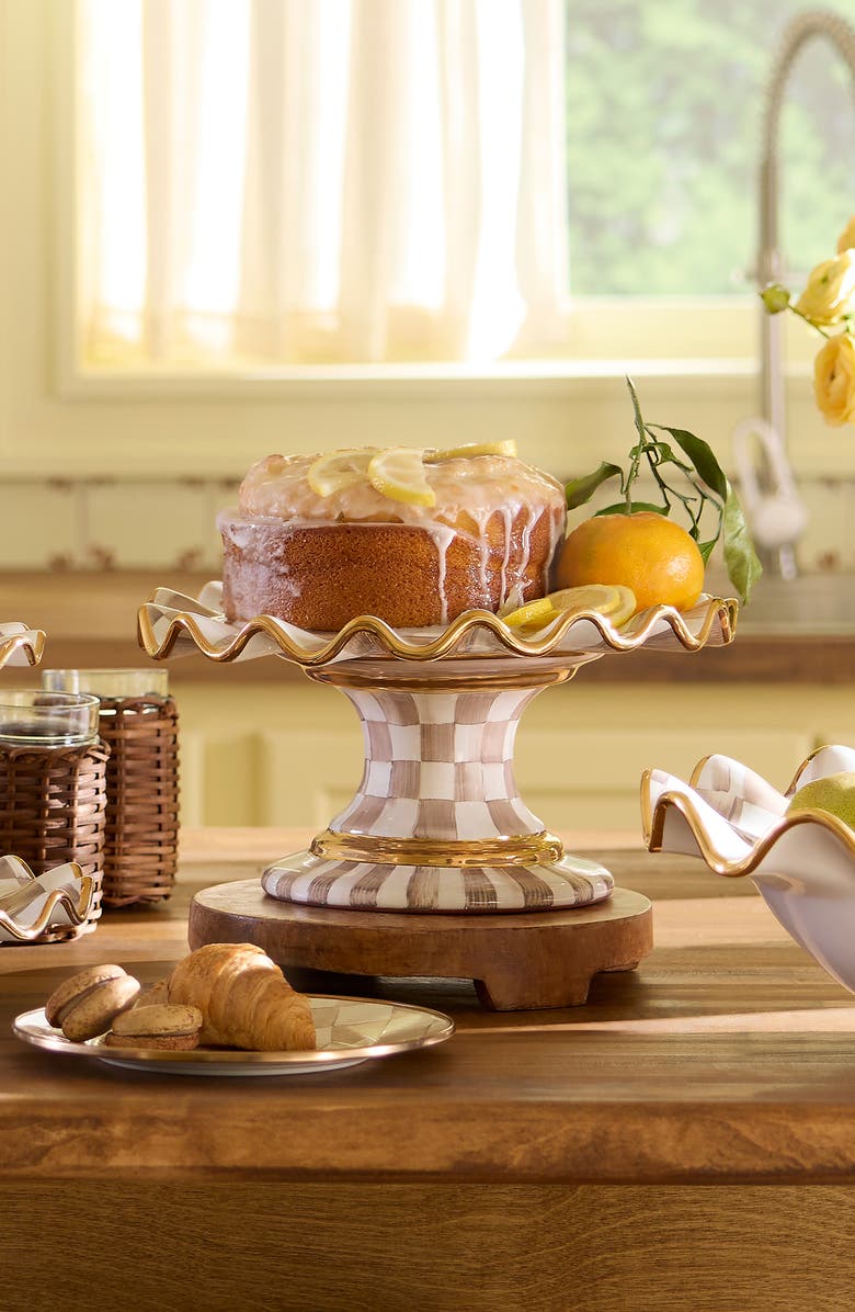 MACKENZIE CHILDS Mocha Check Ceramic Fluted Cake Stand, Alternate, color, Mocha