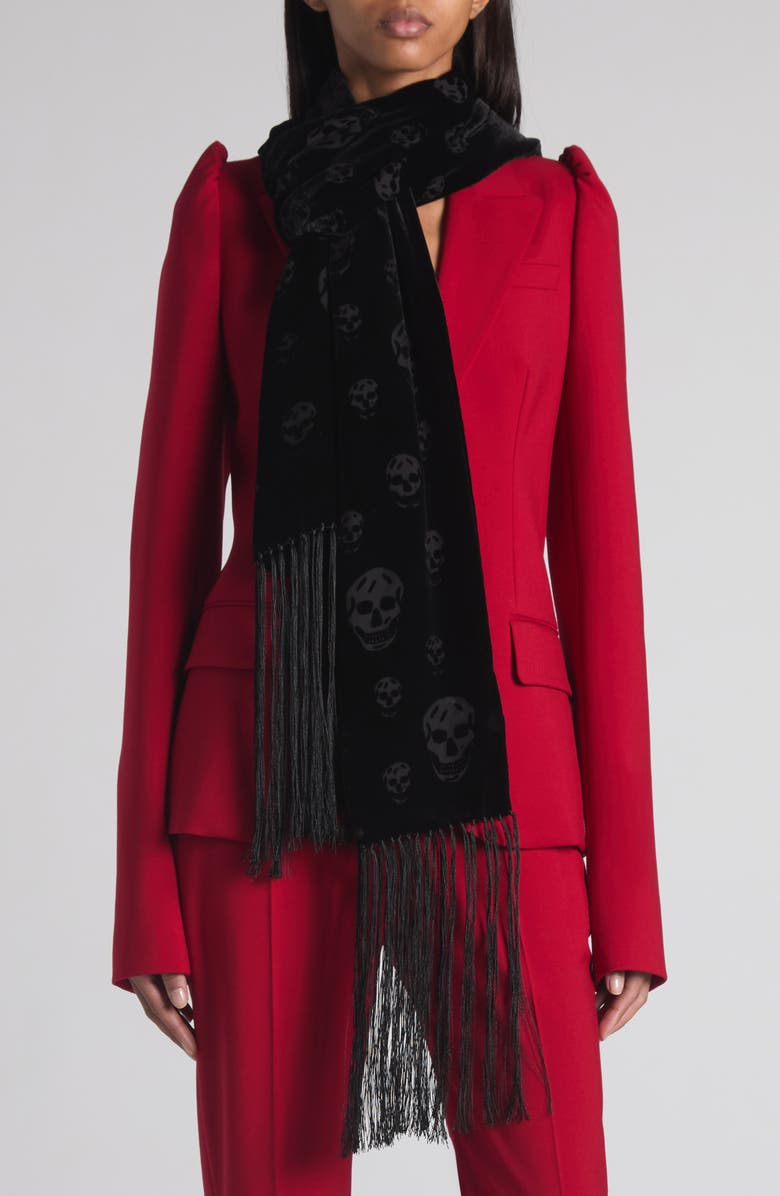 McQueen Skull Jacquard Wool & Silk Fringe Scarf, Alternate, color, Black/ Medium Grey