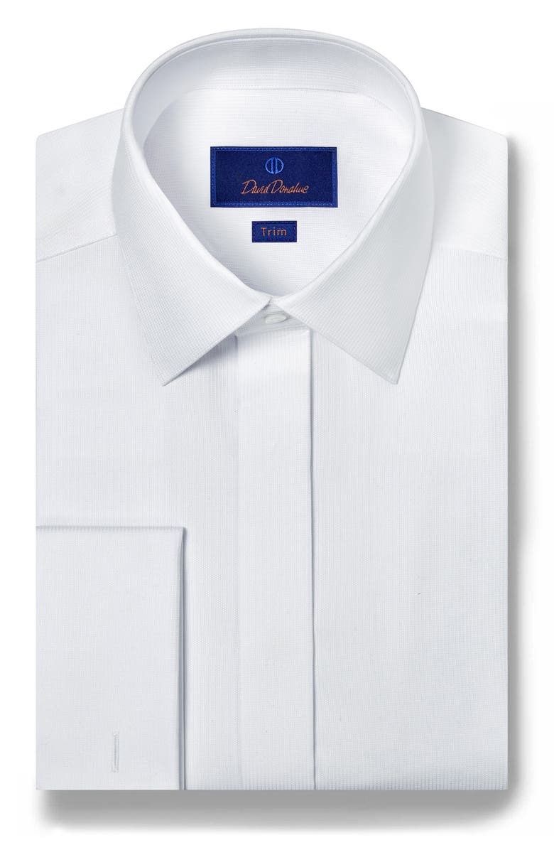 David Donahue Trim Fit French Cuff Covered Placket Formal Shirt, Main, color, White