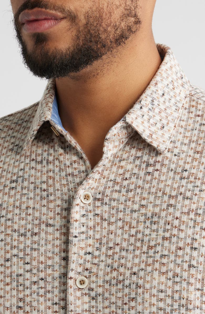 Johnston & Murphy Linden Textured Short Sleeve Button-Up Shirt, Alternate, color, Ivory/ Brown Stripe