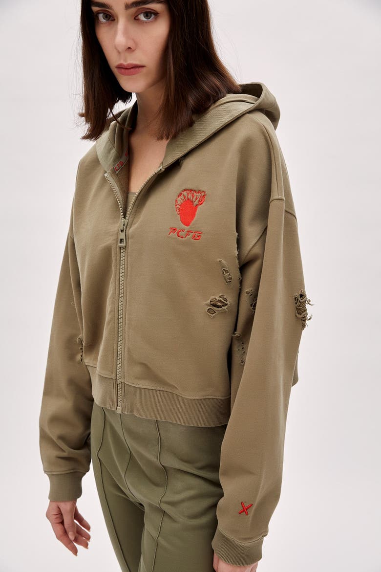 Cotton Destroyed Zip Up Hoodie, Alternate, color, COVERT GREEN