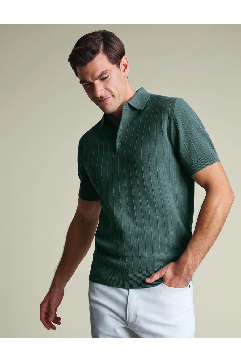 Stripe Texture Short Sleeve Knitted Cotton Polo, Main, color, Teal Green