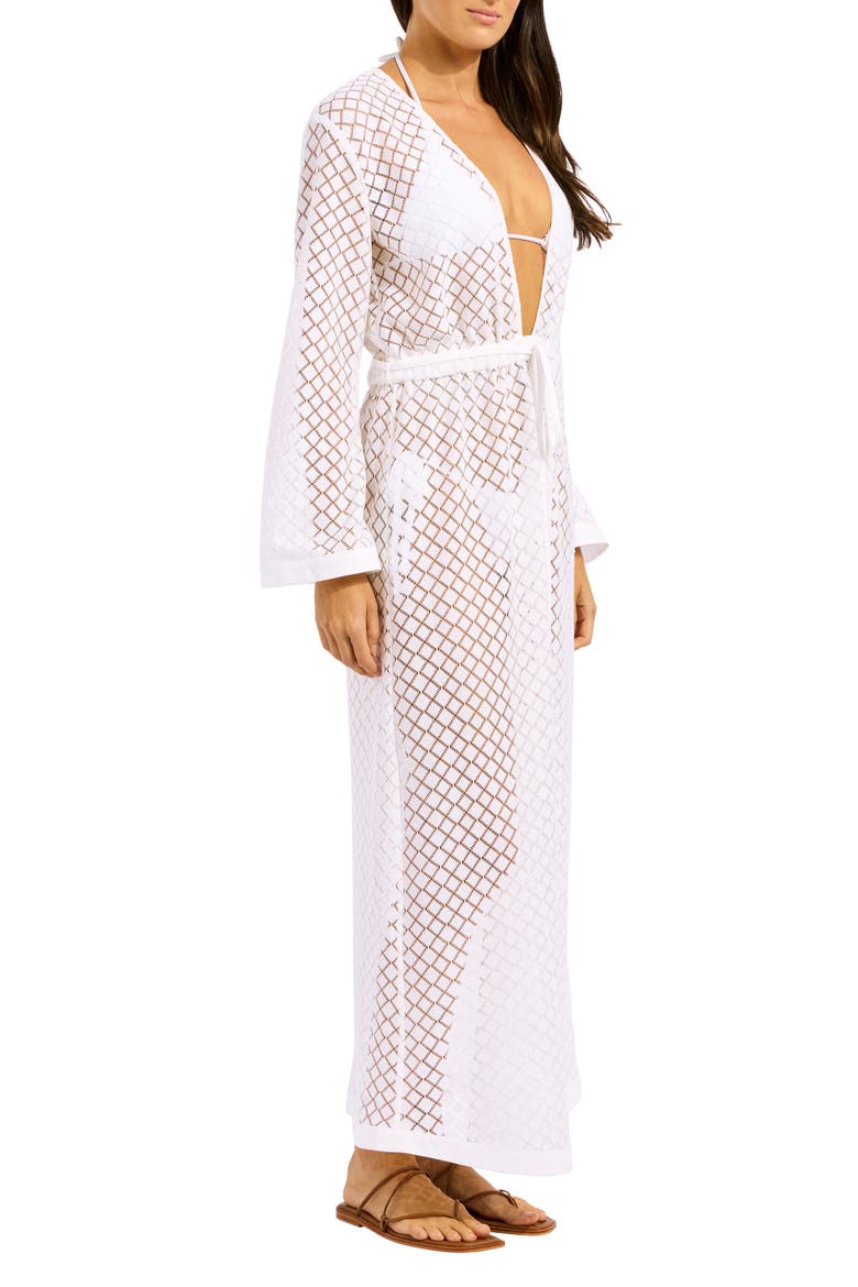 Tie Belt Long Sleeve Sheer Lace Cover-Up Dress, Alternate, color, WHITE
