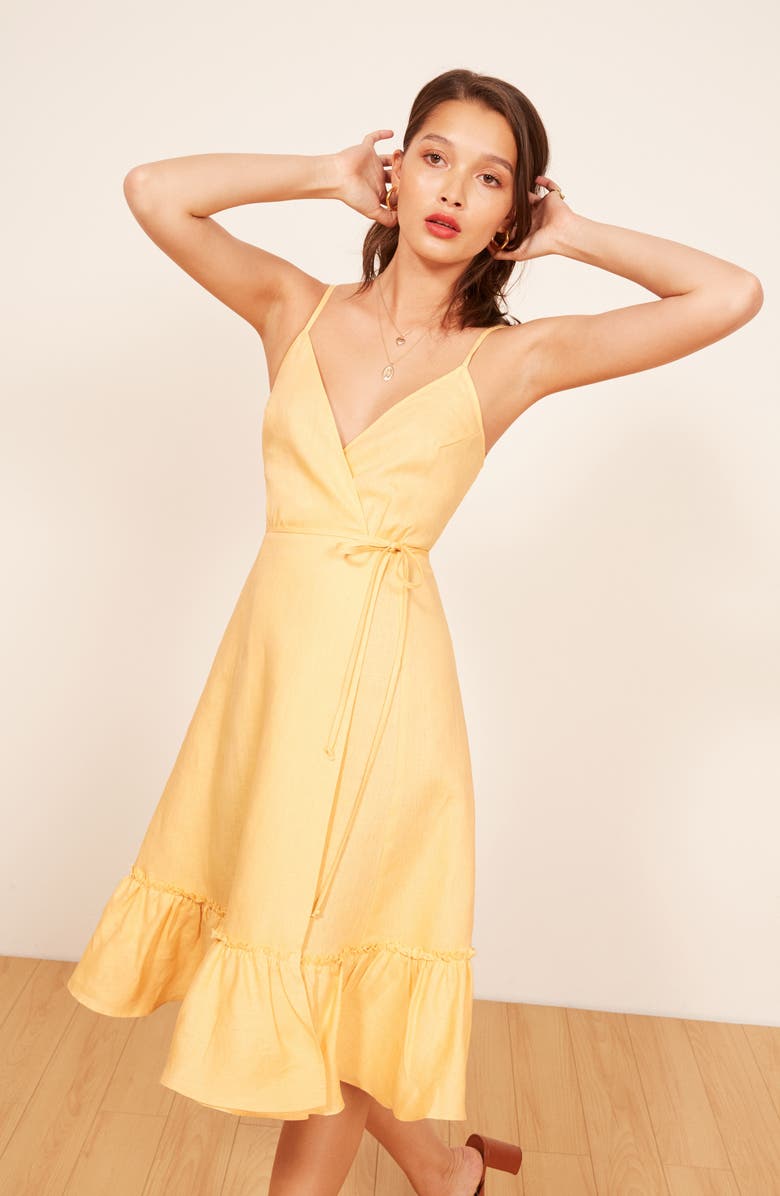 Reformation Fig Linen Wrap Dress, Alternate, color,