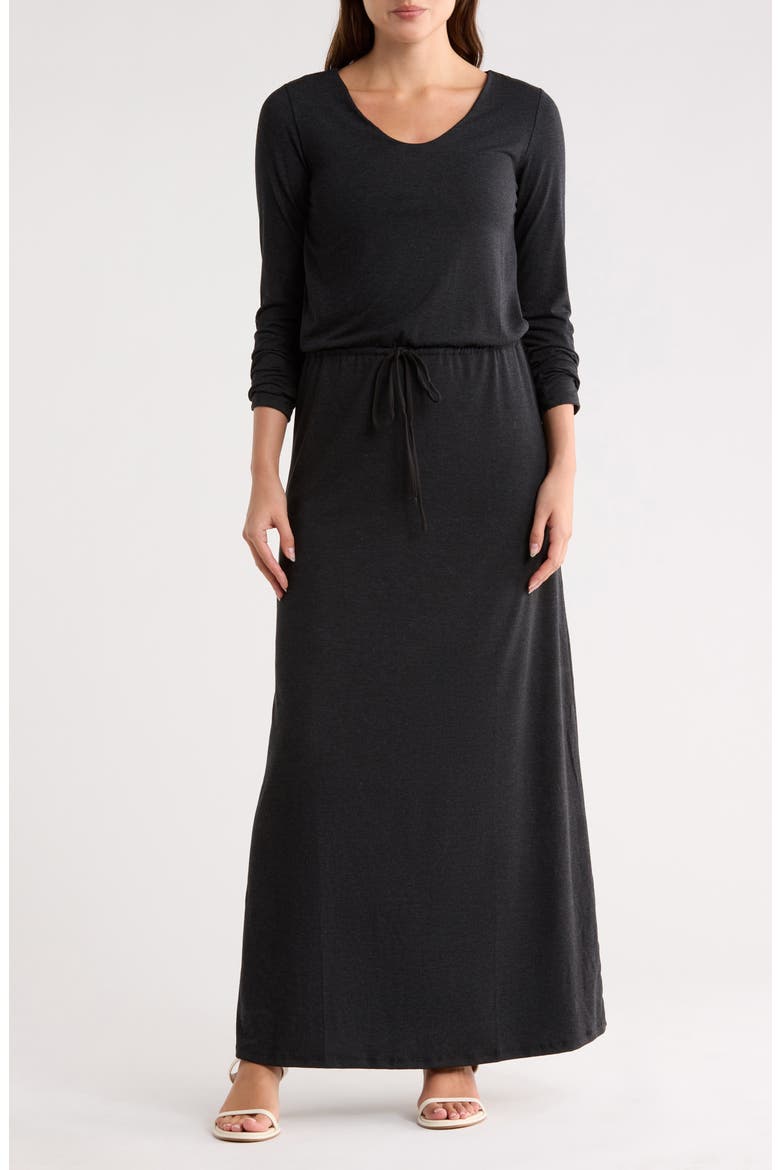 Long Sleeve Tie Waist Maxi Dress, Main, color, BLACK