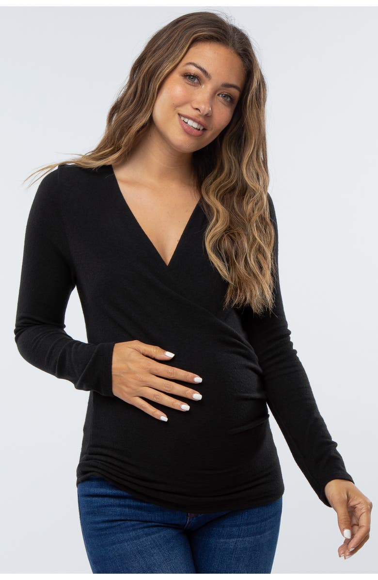 PinkBlush Brushed Knit Wrap Front Top, Main, color, Black