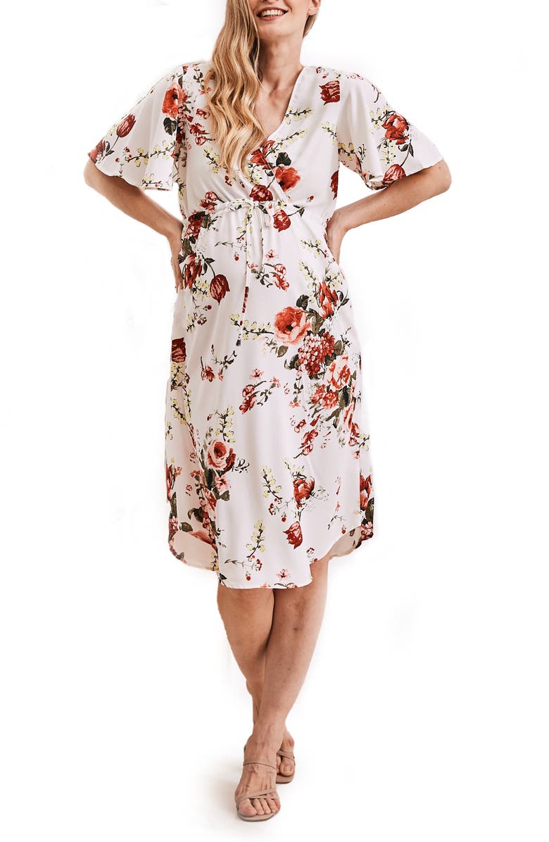 Angel Maternity Floral Drawstring Midi Maternity Dress, Main, color, 