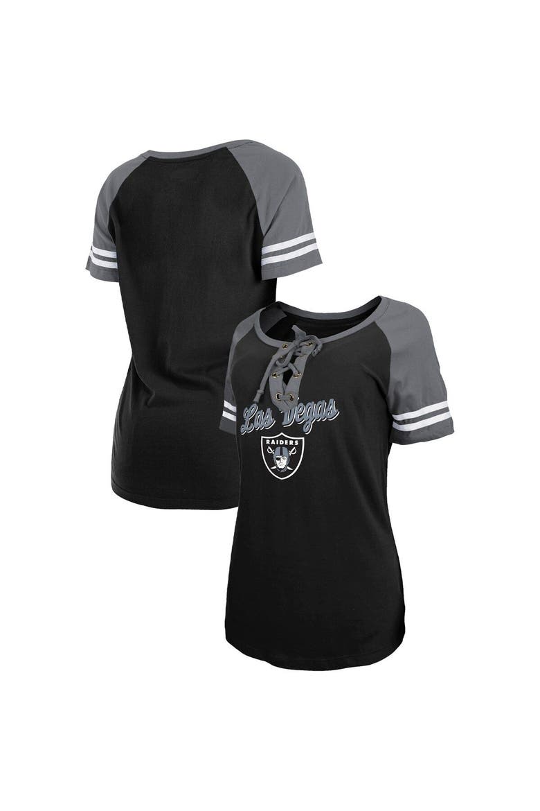 Women's New Era  Black/Silver Las Vegas Raiders Lightweight Lace-Up Raglan T-Shirt, Main, color, Black