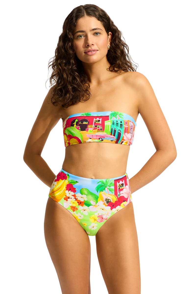Seafolly Print Bandeau Bikini Top, Alternate, color, Turquoise