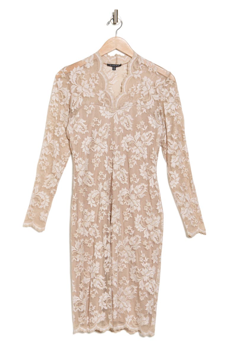 Scallop Lace Long Sleeve Sheath Dress, Alternate, color, CHAMPAGNE