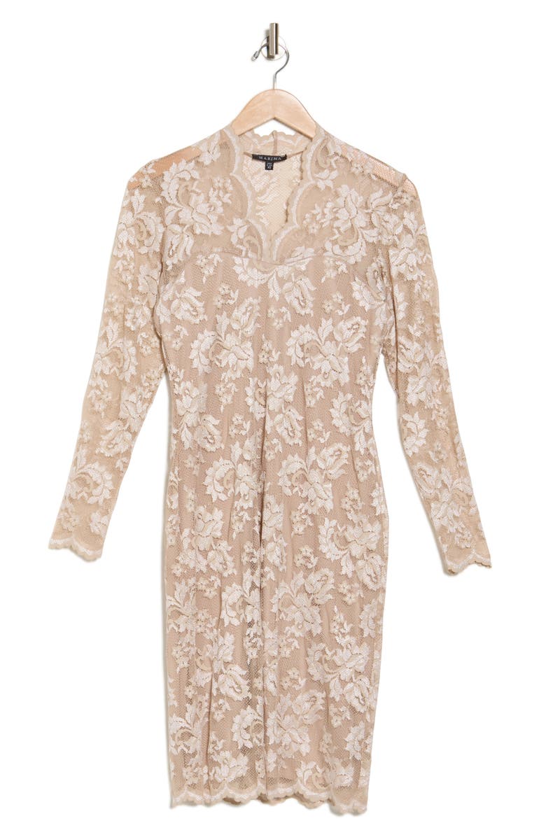 Marina Scallop Lace Long Sleeve Sheath Dress, Alternate, color, Champagne