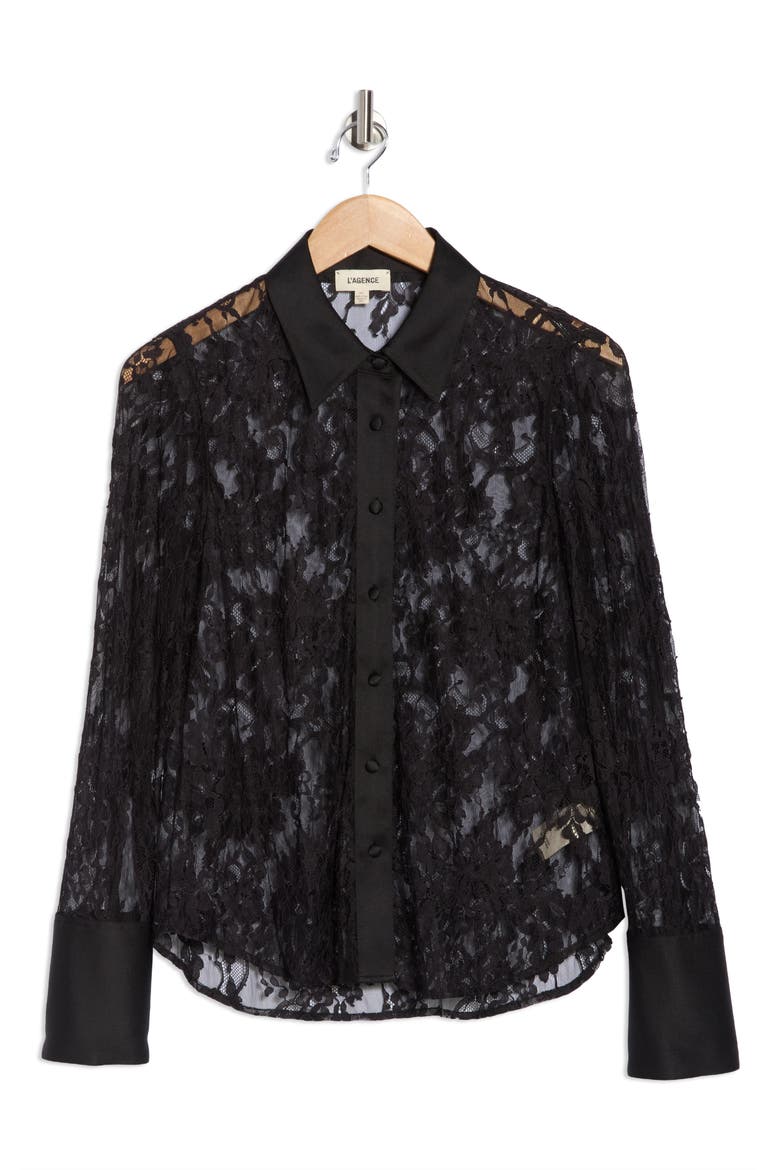 Reims Lace Button-Up Shirt, Alternate, color, BLACK