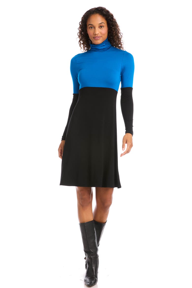 Colorblock Long Sleeve Turtleneck Jersey Dress, Alternate, color, BLACK WITH BLUE