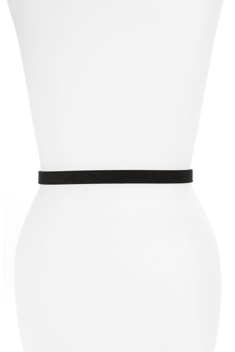 Logo Plate Skinny Velvet Belt, Alternate, color, BLACK WITH GOLD