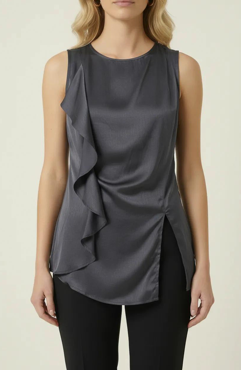 Sleeveless Blouse with Asymmetric Ruffle and Draped Detail
