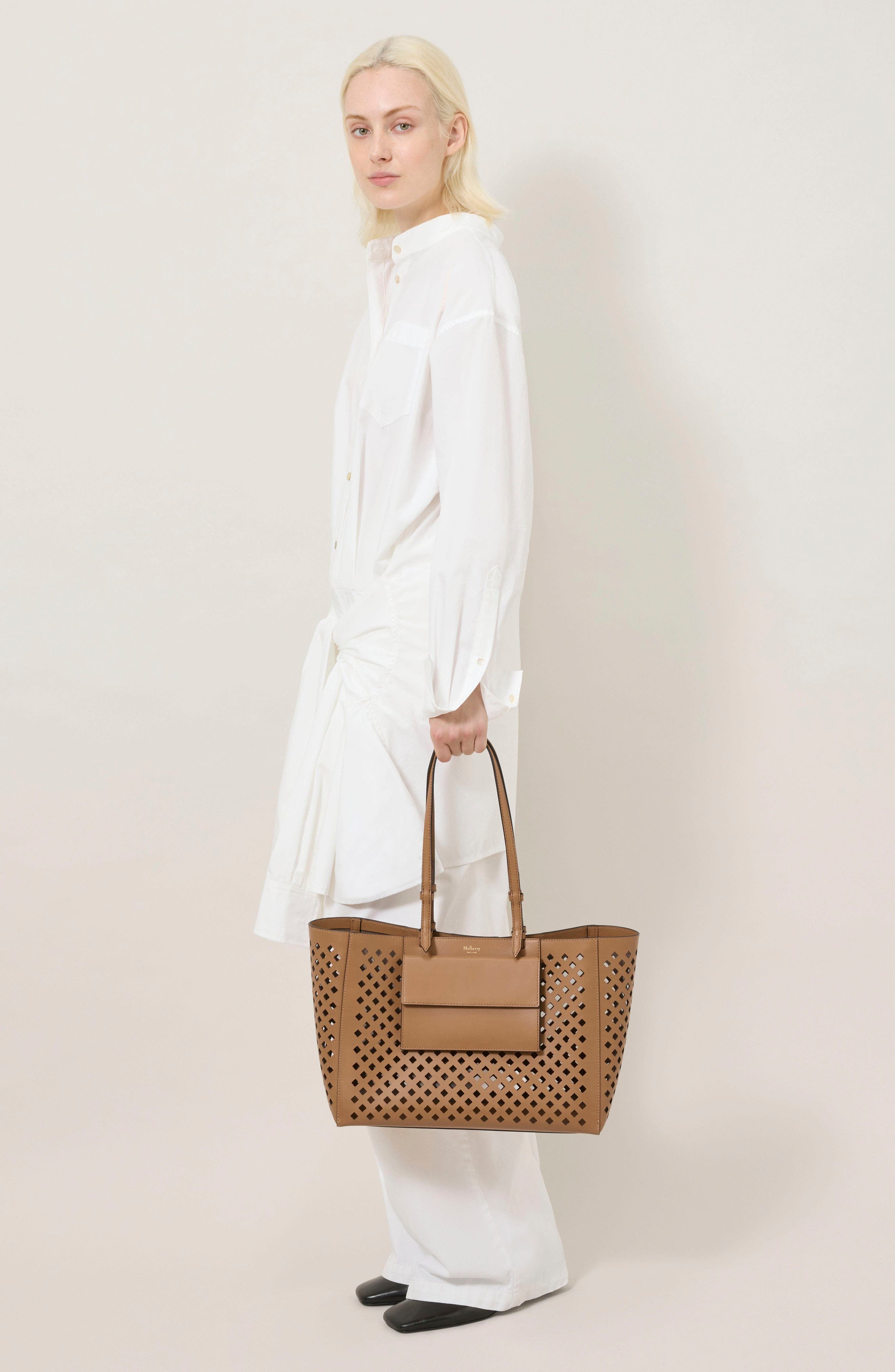 Perforated Leather Tote, Alternate, color, TOFFEE