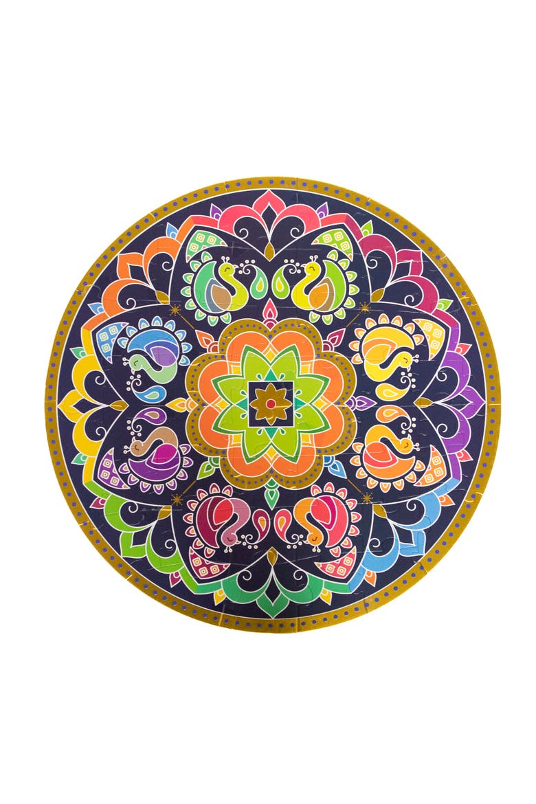 Rangoli Mandala 32" Round Floor Puzzle 48 Pieces, Indian Art For Holi, Alternate, color, Multicolored