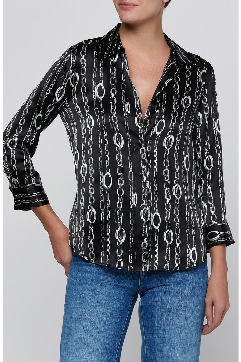 Dani Chain Print Silk Charmeuse Button-Up Shirt, Main, color, BLACK/SILVER CABLE CHAIN PRINT