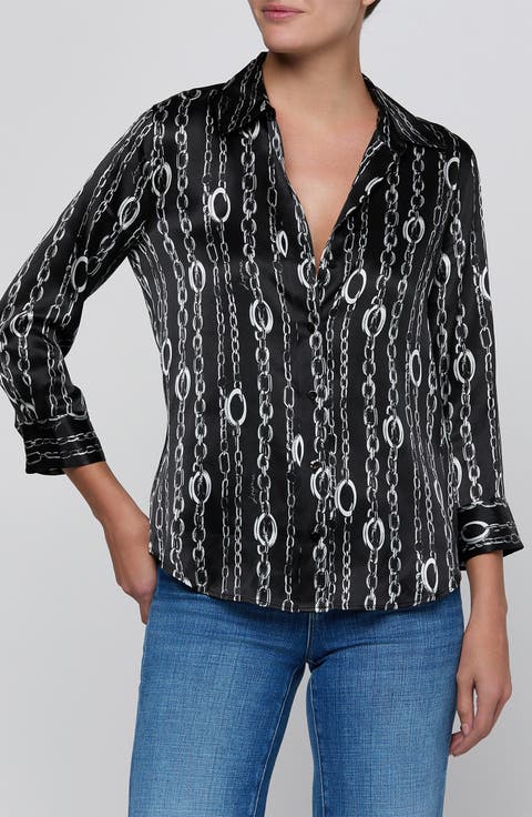 Dani Chain Print Silk Charmeuse Button-Up Shirt