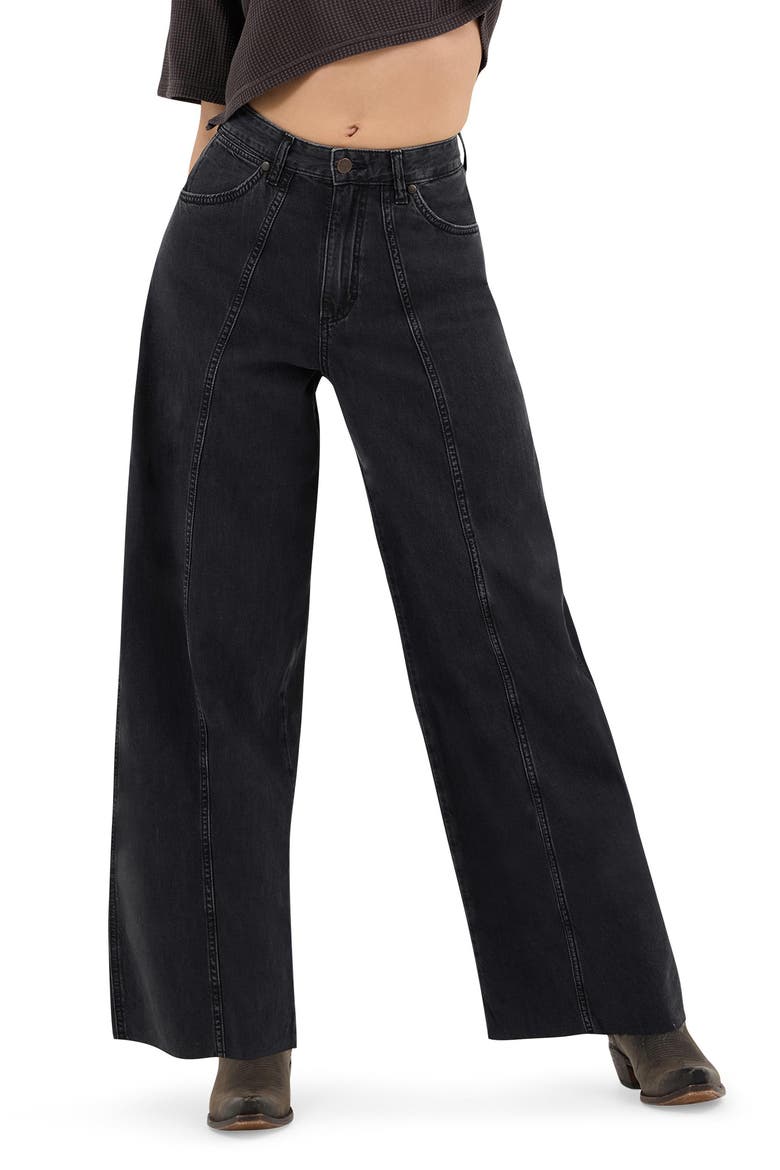 Cowboy Raw Hem High Waist Barrel Jeans, Main, color, RINSE BLACK