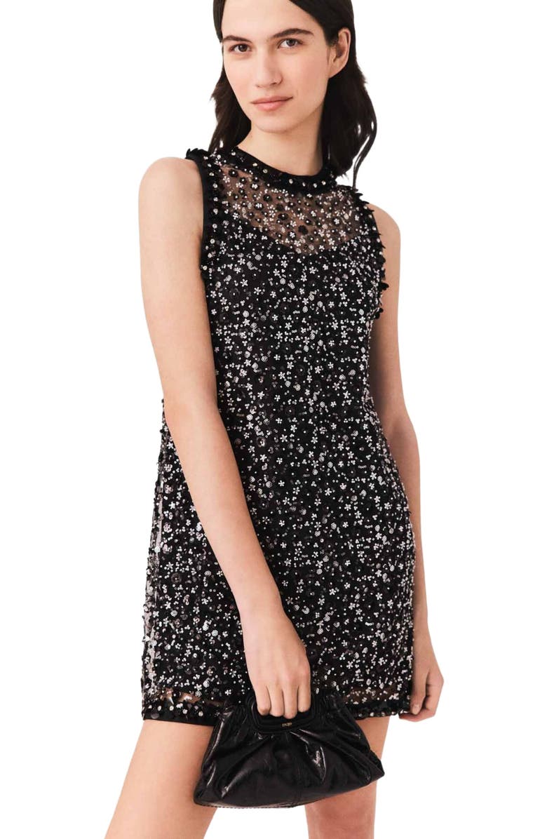 maje Rhinestone floral dress, Alternate, color, Black