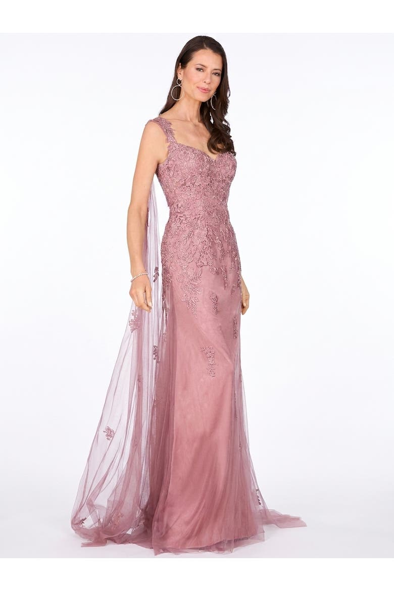 Off Shoulder Mermaid Beaded Gown with Feathers, Alternate, color, Mink
