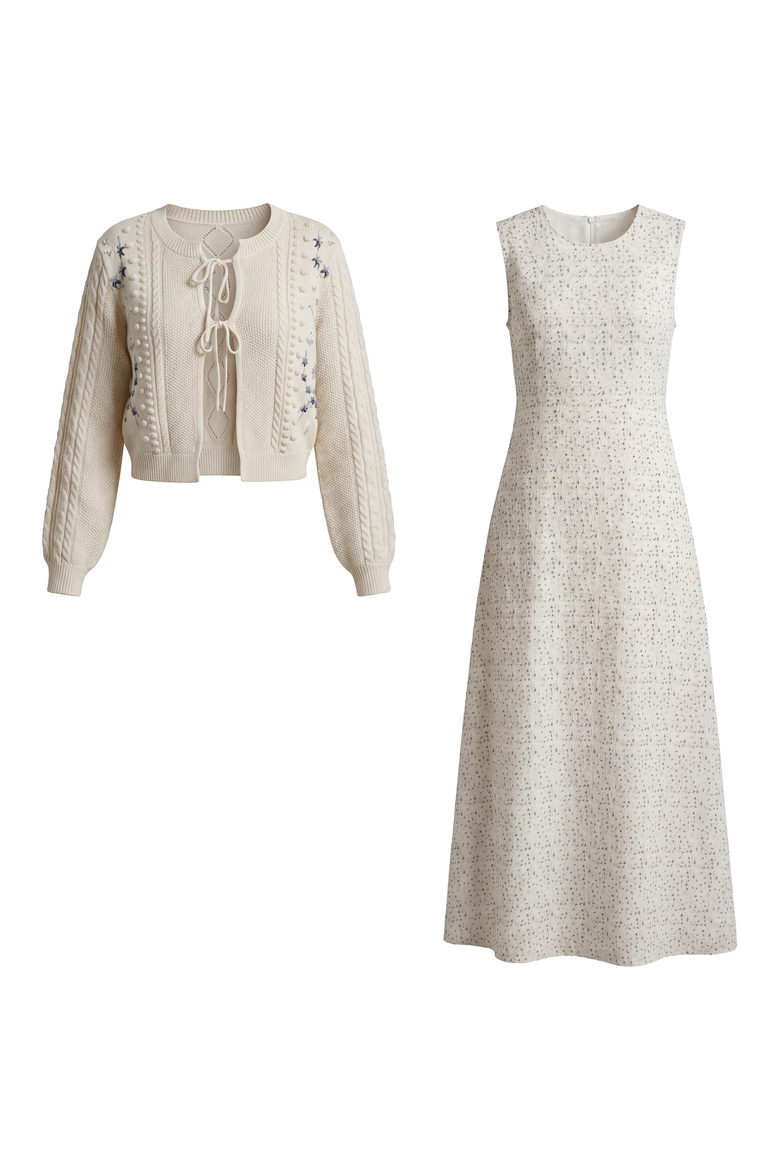 Eyelet Floral Lined Jumper Dress with Rib Trim Cardigan 2 Piece Set, Main, color, Off White/Blue