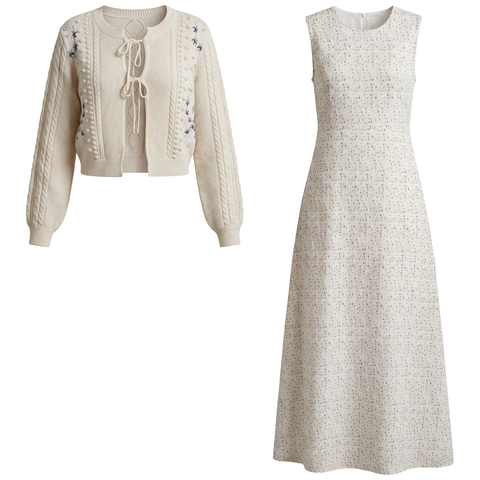 Eyelet Floral Lined Jumper Dress with Rib Trim Cardigan 2 Piece Set