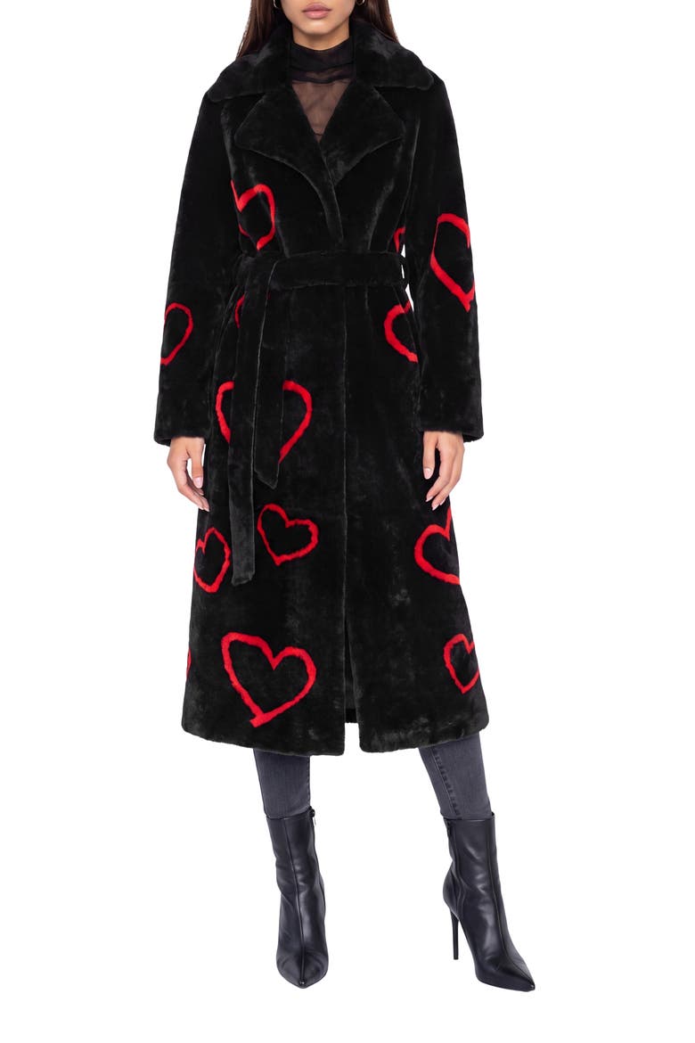 Reversible Genuine Shearling Coat with Heart Intarsia, Belt, Main, color, Black/Red