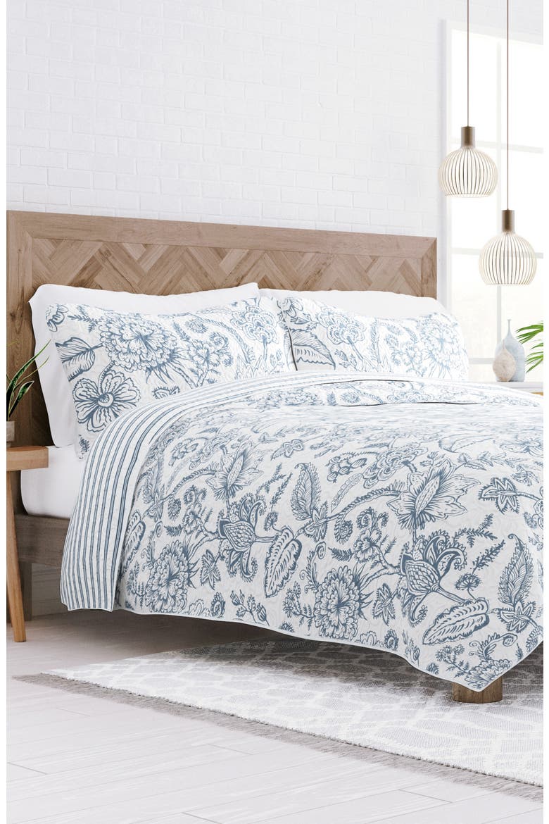 All Season Jacobean 3-Piece Down Alternative Reversible Quilt Set, Alternate, color, DUSK BLUE
