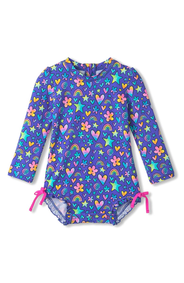 Hatley Watercolor Doodles Long Sleeve Rashguard Swimsuit, Main, color,