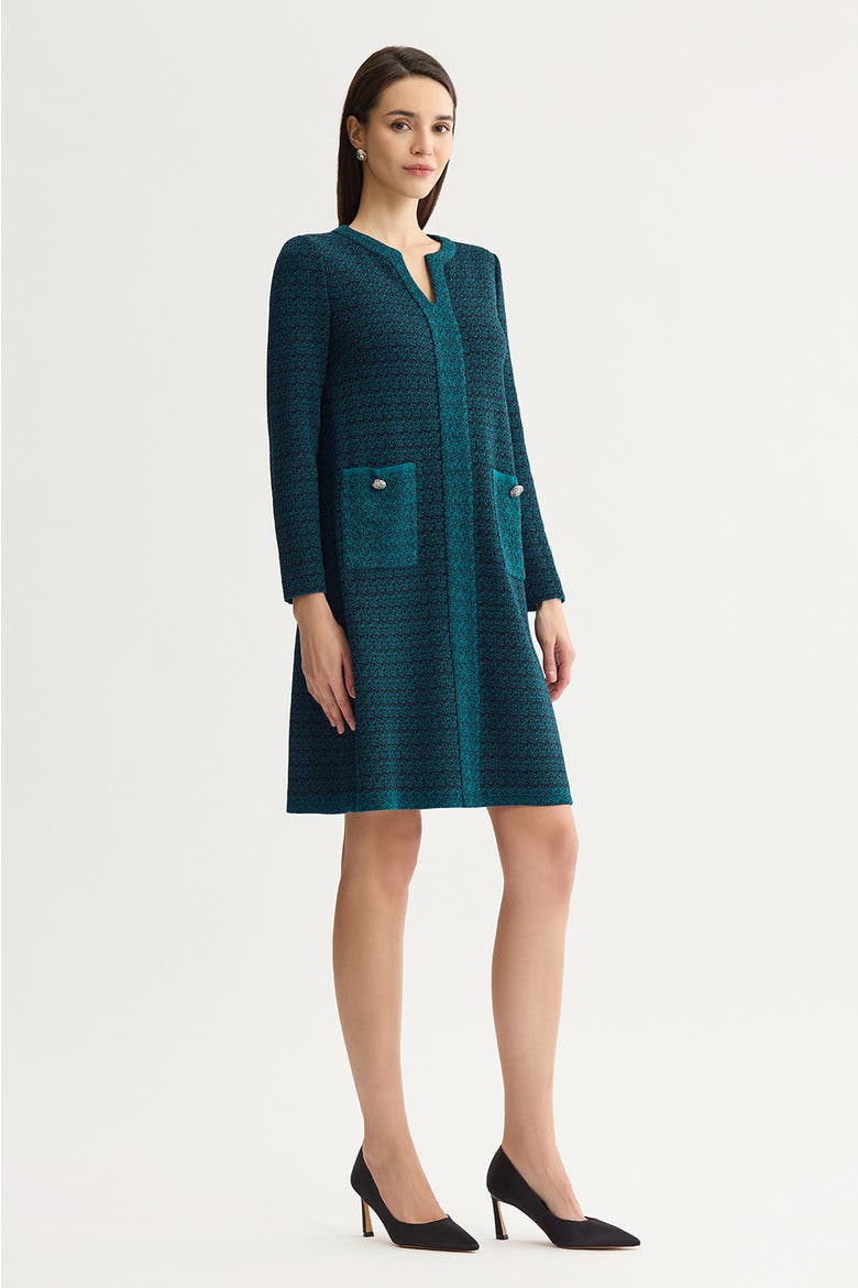 Split V Neck Jacquard Knit Dress, Alternate, color, Deep Teal